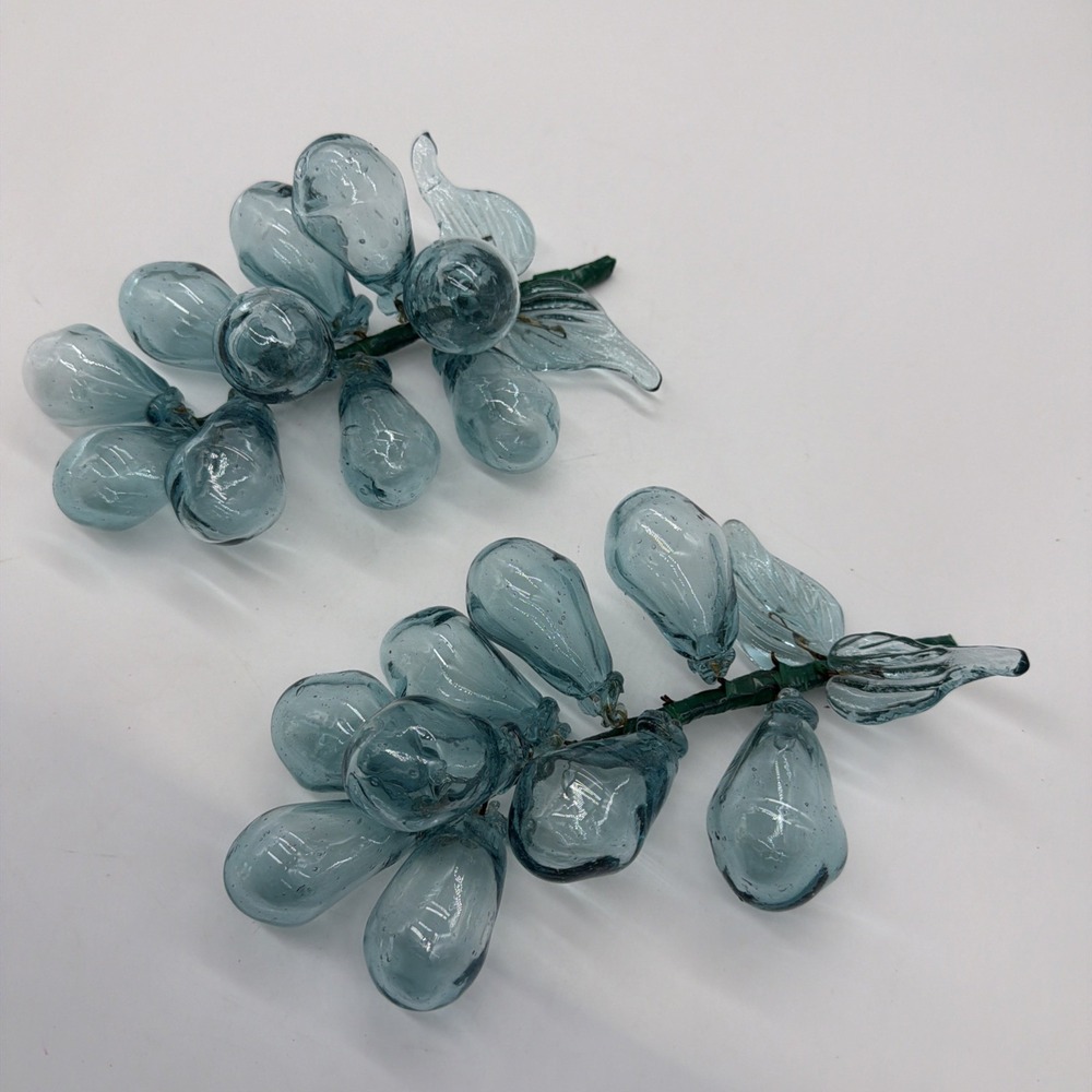 VTG Glass Grapes Two Hand Blown Clusters On A Vine Aqua Color MCM Retro Set Of 2